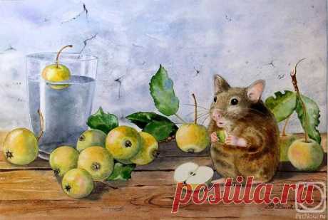 «Райские яблочки... или нахомячился» картина Валевской Валентины (бумага, акварель) — купить на ArtNow.ru