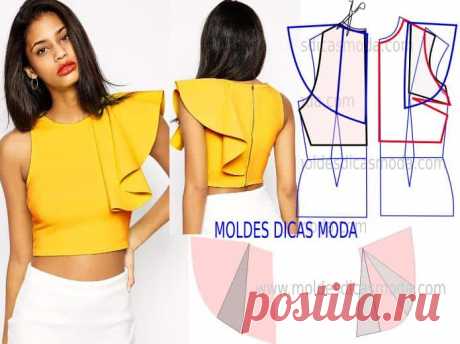 BLUSA COM BABADO -66 | Moldes Dicas Moda Passo a passo transformação do molde de blusa com babado. Para fazer este modelo de blusa imprima o molde base de blusa e faça a gradação para o seu tamanho. Depois de obter o seu tamanho de molde base siga o tutorial que segue em baixo de forma pormenorizada. PASSO…