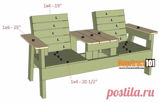 ​Скамеечка на двоих с удобным столиком посередине Скамеечка на двоих с удобным столиком посерединеРазмеры указаны в дюймах.1 дюйм равен 2.54 сантиметра.