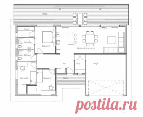 Small House plan with double garage, three bedrooms. House Plan