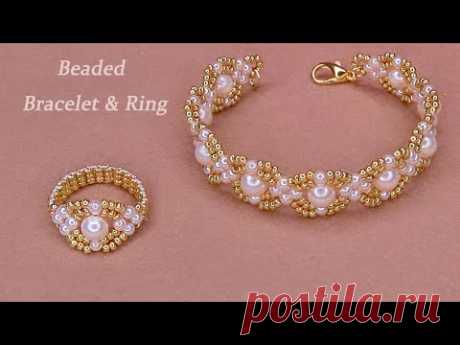 DIY Beaded Classic Bracelet and Beaded Ring with Pearls and Gold Seed Beads手工串珠手链和串珠戒指