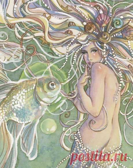 Mermaid Art Print - Rainbow with Pearls and Seashells