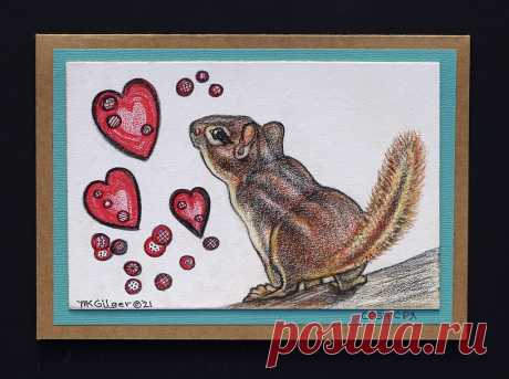 VALENTINE Chipmunk Love Due to the extension of the "Colored Pencil magazine Valentine Exchange" I was able to create a few cards before the new deadline.  It turned out to be a lot of fun, and I encourage others to give it a try!  "Chipmunk Love" I took a photo of this little chipmunk perched one spring on my garden fence, and his pose seemed ideal for an illustration. I added some funky hearts and orbs.  This small illustration is 4x6, on Crescent illustration board: col...