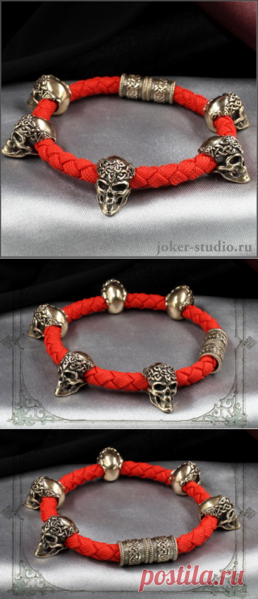 Красный мужской браслет с золотыми шармами череп Joker-studio