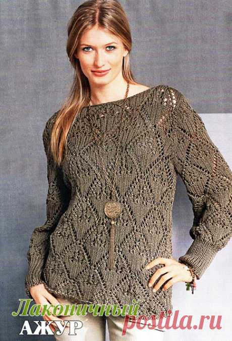 Женский пуловер из шелка с хлопком Лаконичный ажур с вырезом лодочка спицами – описание со схемой вязания