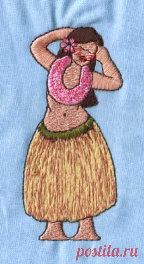 Embroidery Design: Hula Girl 1 (large)1.81″ x 3.87″ Machine embroidery design: aloha hawaii tropical vacation lei flower hula girl 1 dancer hibiscus orchid dancer native hawaiian beautiful woman grass skirt island holiday luau
