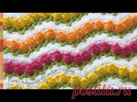 Campo de tulipanes tejidos a crochet o punto tulipanes en  ondas zigzag... incluye diagrama!