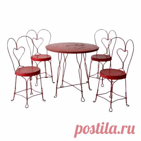 This is an art nouveau ice cream parlor table and chairs set from the early 20th century. The sweet red wrought iron bistro set features 4 chairs with a matching table. The chairs have sweetheart backs, metal seats, and looped feet. The table has matching feet, and and a removable glass top.    NOTE:  Glass top included with the table at no cost.