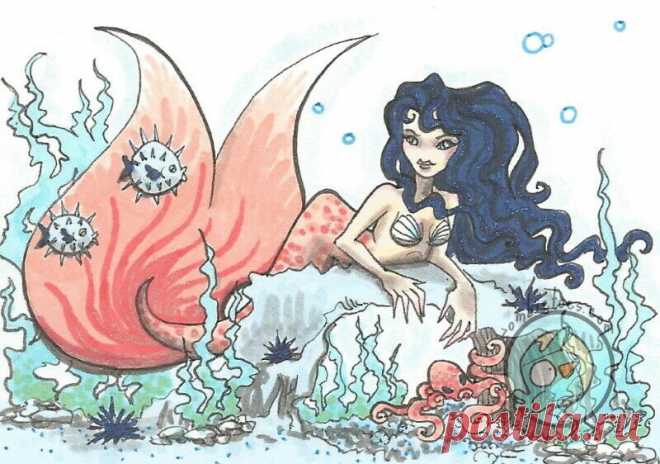 Puffer Pair Mermaid + Blowfish ocean Original Fantasy ACEO Illustration art ejw | eBay