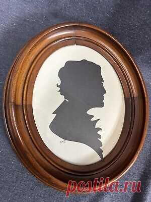 Signed Silhouette Art / Antique Victorian Wood Oval Frame 14