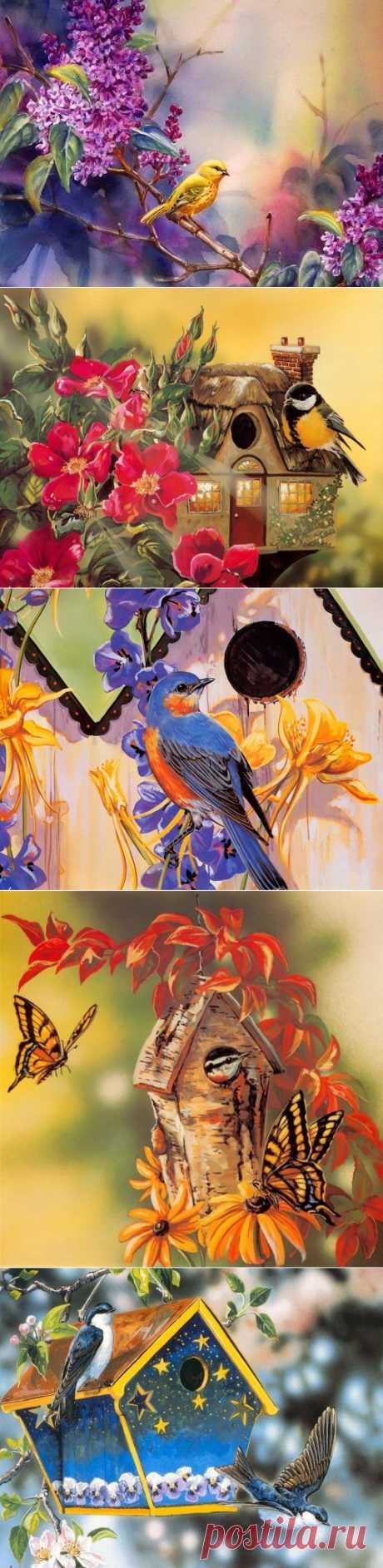 Цветы и птицы на картинах Janene Grende | РОЗЫ