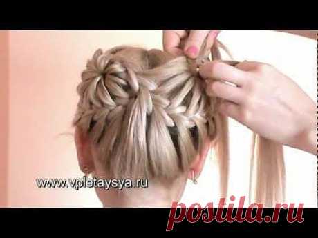 ▶ Причёска из косичек в виде двух цветков - YouTube