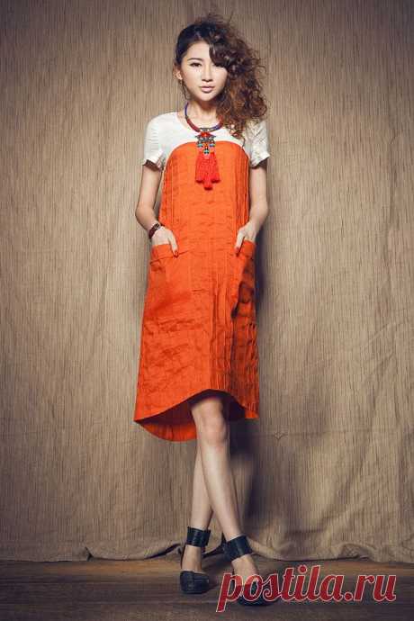 Контрастного цвета льняное платье в оранжевой рубашке платье по camelliatune
