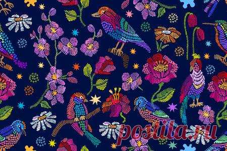 Bordado De La Vendimia Con Los Pájaros, Las Manzanillas, Las Amapolas Y Los Tulipanes En Fondo Azul Marino. Colección De Textiles De Arte Popular. Ilustraciones Vectoriales, Clip Art Vectorizado Libre De Derechos. Image 80835476.