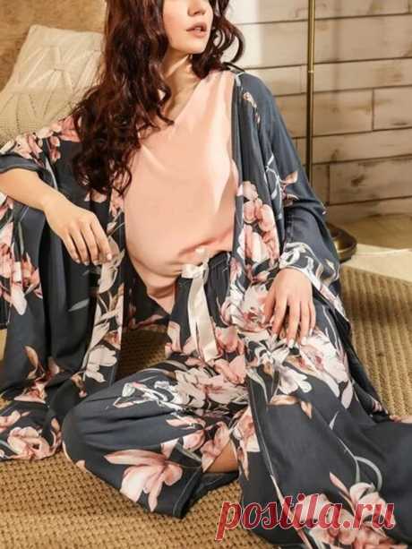 Women Floral Print Sleeveless Tops Bow Wide Leg Pants Home Pajama Set With Long - US$35.99