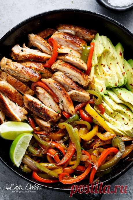 Best Chicken Fajitas - Cafe Delites The BEST sizzling chicken fajitas are so quick to throw together! Chicken gets marinated in the best juicy lime marinade, then seared for that unmistakeable crisp-charred outer edge! Serve with onions and bell pepper strips!