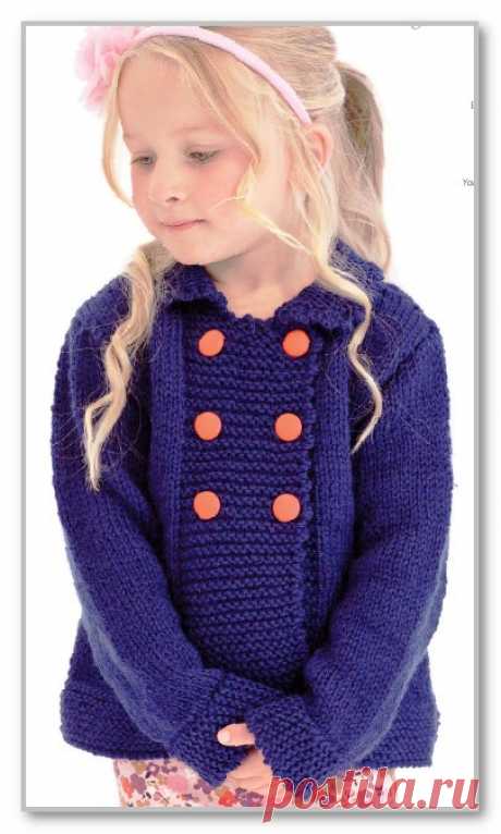 Вязание спицами. Описание детской модели со схемой и выкройкой. Однотонный прямой жакет-пальто с двубортной застежкой, для девочки 3-4 (5-6; 7-8; 9-10) лет