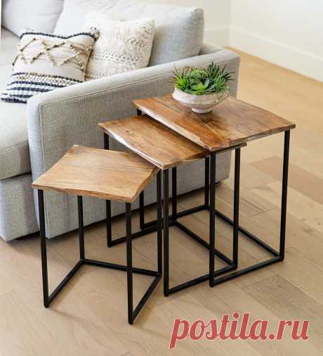 Live-Edge Reclaimed Wood Nesting Tables, Set of 3 | Wedding Gifts | Gifts by Interest | Seasonal + Gifts | VivaTerra Our Indian artisan partners have crafted these Reclaimed Mango Wood Nesting Tables leaving their natural edge exposed. Their iron open-cube construction gives them a slim profile allowing them to nest together to create a stunning statement.  Crafted of reclaimed mango wood, each eco-friendly table set is unique with variations in color and texture...