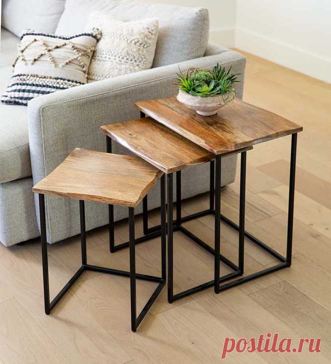 Live-Edge Reclaimed Wood Nesting Tables, Set of 3 | Wedding Gifts | Gifts by Interest | Seasonal + Gifts | VivaTerra Our Indian artisan partners have crafted these Reclaimed Mango Wood Nesting Tables leaving their natural edge exposed. Their iron open-cube construction gives them a slim profile allowing them to nest together to create a stunning statement.  Crafted of reclaimed mango wood, each eco-friendly table set is unique with variations in color and texture...