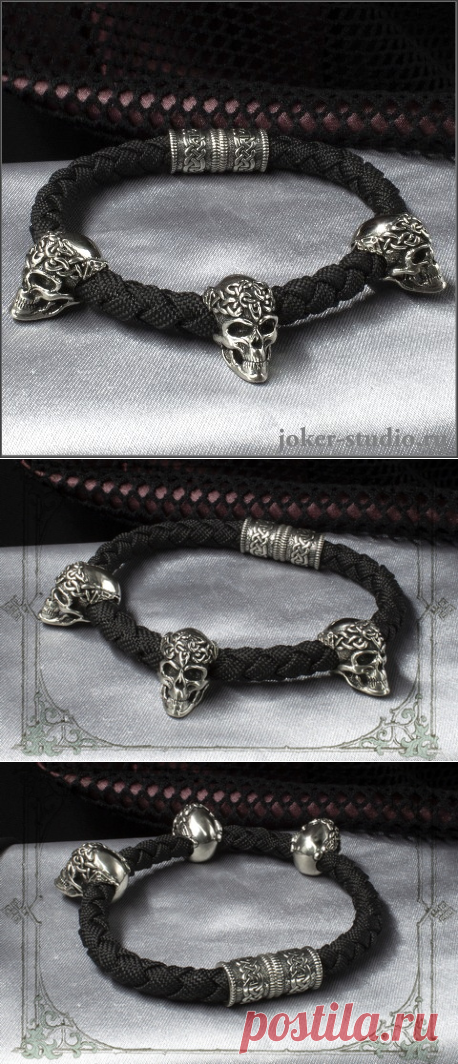 Плетеный браслет с Черепами на черном шнуре из паракорда в Joker-studio