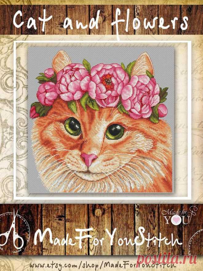 Orange cat counted cross stitch pattern PDF Pink peony Cute | Etsy