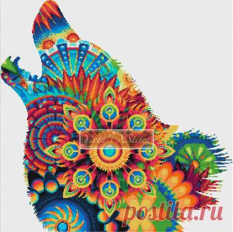 Mandala wolf cross stitch kit Mandala wolf counted cross stitch kit. Counted cross stitch kit with whole stitches only. Kit contains: Cross stitch pattern Fabric - see options available Threads pre-wound on plastic card bobbins Needle Instructions