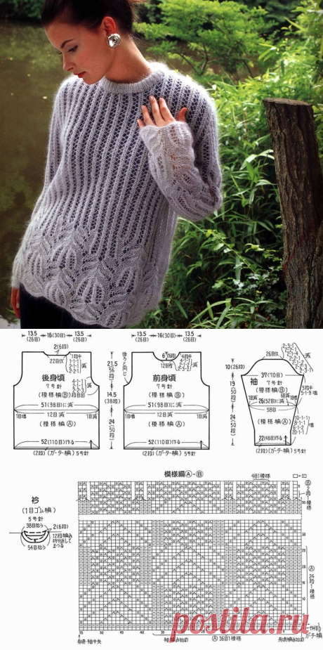 Пуловер женский спицами с ажурным узором, схема — Черпачек Идей