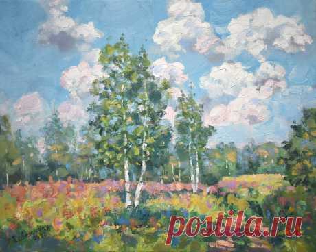 Summer Landscape Birches Painting Nature. Art Divya Gallery Original Oil Painting, Buy Online. Artist Natalya Savenkova from Saint-Petersburg