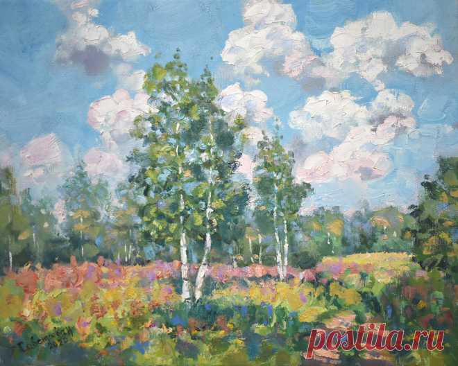 Summer Landscape Birches Painting Nature. Art Divya Gallery Original Oil Painting, Buy Online. Artist Natalya Savenkova from Saint-Petersburg