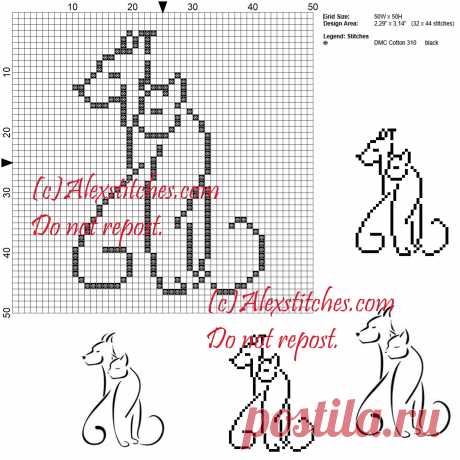 Тату Собака и Кошка, схема вышивки крестом 50х50 1 цвет - схемы для вышивки крестом бесплатно от Алекса