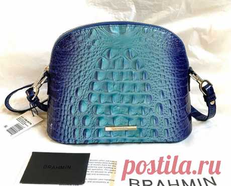 New Brahmin Melbourne SMALL GEORGINA Leather Crossbody Bag • New with Tags • 100% Authentic • Style#: U71170800778 • Embossed Leather with matching trim and gold tone hardware • Adjustable longer leather strap for shoulder or crossbody wear • Color: Affinity Ombré-aquamarine and cerulean blue • Approximate Size: 9.75”L x 7.5”H x 4”D • Zip top closure • Slide pocket on back • Interior zip pocket, slip and pen pocket, and key clip • From a smoke-free and pet-free environment...