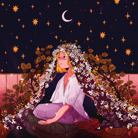 Гиф анимация Девочка под покрывалом с цветами сидит на фоне звездного неба с луной