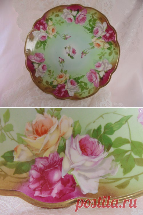M Z Austria Charger Wall Plate Pink White Roses Hand Enameled Green Background | eBay