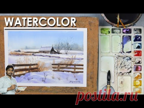 Watercolor Simple Winter Landscape - Cottage in Snow Painting | Supriyo