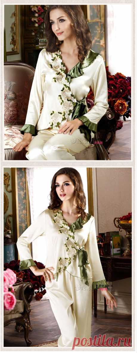 2015 Silk Print Pajamas Sets For Women Long Sleeve