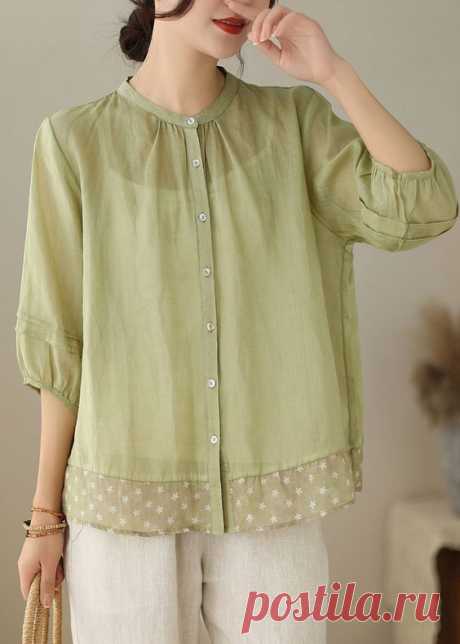 Women Green Stand Collar Print Patchwork Linen Shirt Tops Summer - Green / M(Fit for EU 40-42, US 8-10, UK/AU 12-14, IT 44-46)