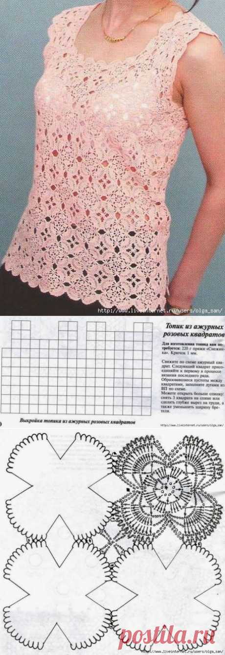 Модели вязания: Топик из ажурных розовых квадратов