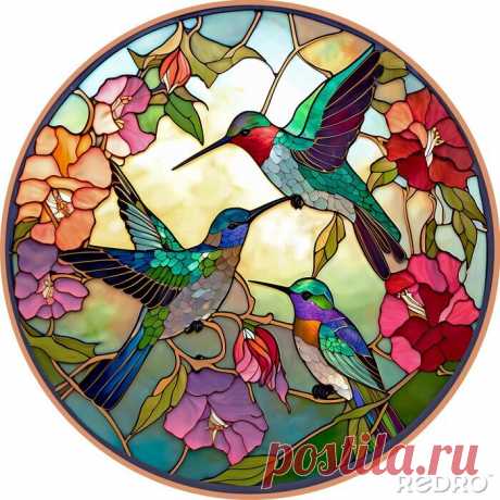 Stained glass hummingbirds design - generative ai - Naklejki - Redro Stained glass hummingbirds design - generative ai na obrazach Redro. Najlepszej jakości naklejki, fototapety, obrazy, plakaty, poduszki, tapety. Chcesz ozdobić swój dom? Tylko z Redro