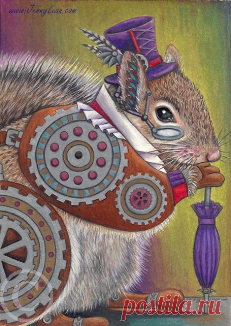 Steampunk Squirrel Jan CPM Art Challenge Photo #1701   Photo by Photograph by: Sally Robertson - Copyright Released!   Challenge Name:  "Squirrel"   Artist Name: Jenny Luan Frye  Category: Advance   Size:5"x7" tan stonehenge paper.   Media: some Prisma and mostly Faber Castell polychromos and some luminance, and OMS, background are water-based metallic colored pencil. few whiskers using white gel pen.     Email: tsentsen@hotmail.com    you can see progress on    www.facebo...