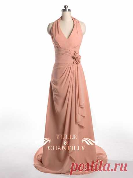 Coral Halter V-neck Long Bridesmaid Dress with 3D-flower [TBQP168] - $145.00 : Custom Made Wedding, Prom, Evening Dresses Online | Tulle &amp; Chantilly