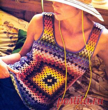 Vintage 1970s Granny Squares Tank Top Sexy Boho Pullover Vest Crochet Pattern…