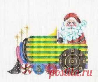 Christmas~Santa in a Train Ornament handpainted Needlepoint Canvas by Patti Mann Santa in a train design needlepoint canvas, hand painted by Patti Mann.   In beautiful shades of  Blue, Green, Yellow, Red, Black & Gold.  Design is hand painted on 18 mesh canvas.   The painted canvas is  5.25