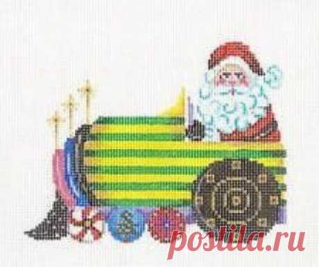Christmas~Santa in a Train Ornament handpainted Needlepoint Canvas by Patti Mann Santa in a train design needlepoint canvas, hand painted by Patti Mann.   In beautiful shades of  Blue, Green, Yellow, Red, Black &amp; Gold.  Design is hand painted on 18 mesh canvas.   The painted canvas is  5.25" by 4"  with surrounding background area of approximately 9" by 7.25".