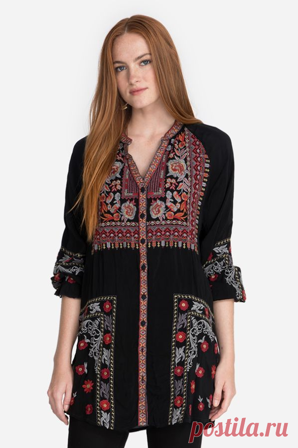 Johnny Was Tapestry Floral Embroidered Button-Down Shirt Tunic Boho Chic C22420 NEWBlack (BLK) / S This Tapestry Tunic is a trendy must-have with a boho-chic look. Ensure your wardrobe shows you off to your best advantage with clothing from Johnny Was. It is made with a soft and breezy fabric designed with vibrant floral embroideries. It also features a relaxed fit with v-neckline, full-length sleeves, button-down c