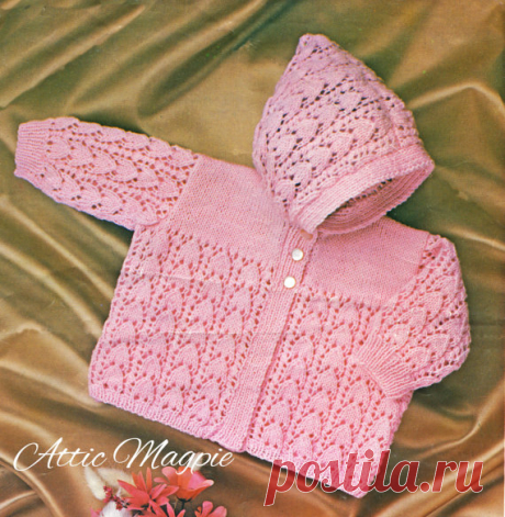 Vintage Baby Knitting Pattern - Little Girl's Lacy Cardigan -PDF Download Magpie says:  Babys first hoodie! This cute little hooded top is every bit as fashionable now as it was when the pattern was new. Materials:  5[5:6] x 20g balls Peter Pan Darling 4ply  A pair of 3.25mm (UK10:US3) knitting needles  A pair of 2.75mm (UK12:US2) knitting needles  Stitch holder  3 buttons    Measurements:  Chest: 16[18:20]in  Length: 9.5[10.5:11.75]in  Sleeve seam: 5[6:6]in    Tension:  2...