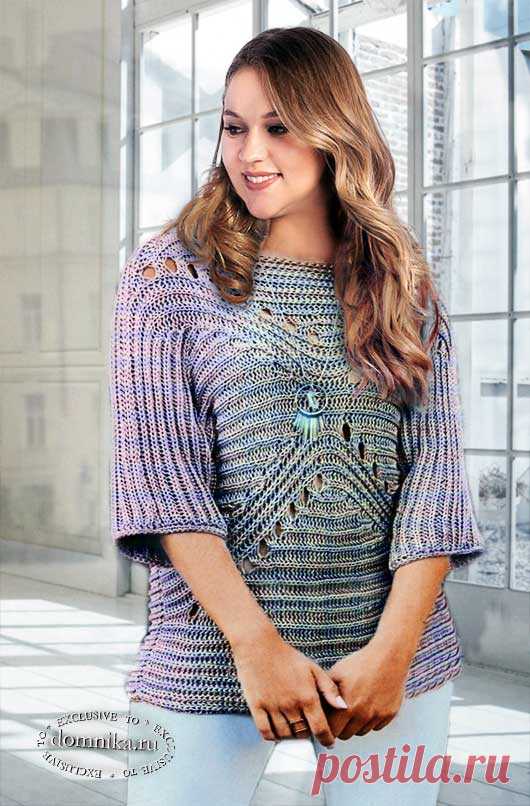 Женский пуловер спицами патентной резинкой в поперечном направлении - вязание для полных женщин