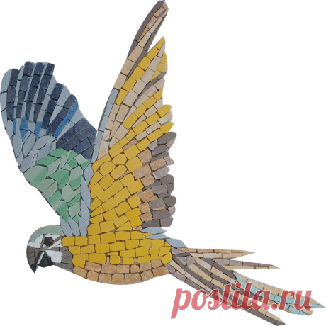 Flying Macaw Parrot Mosaic Art Expressing an exotic vibe with its colors, this mosaic art portrays a flying Macaw. Perfectly handmade, this mosaic piece would look incredible anywhere, and can for sure catch attention whether installed indoors our outdoors. It is fully handmade from natural stones and decorative hand-cut tiles.