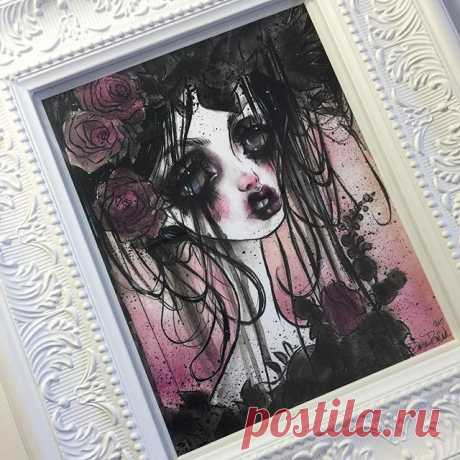 I guess I'm on a bit of a FRAMING KICK!! Haha! I just had to dress up my little "Dark Garden" print in this beautiful thick white frame that completely reminds me of wedding cake! She comes with a matching white matte and of course set behind glass with hanger. No work getting her on your wall! She's all suited up and ready to hang with you. 😸💞💞(available in my etsy shop 🖤)
