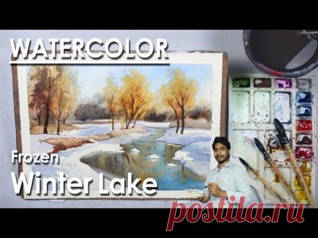 Frozen Winter Lake - Watercolor Landscape step by step Painting | Supriyo