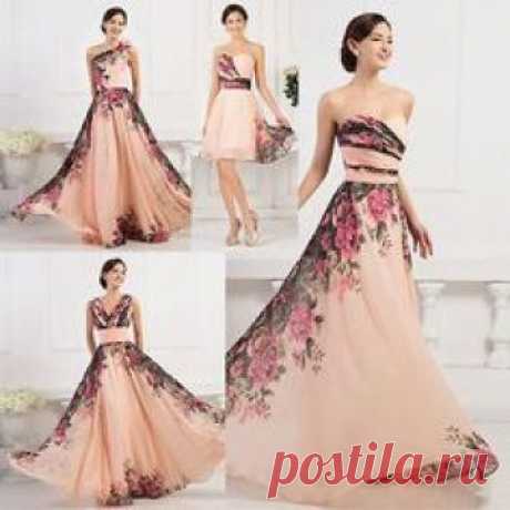 Evening Floral Peach Bridesmaid Formal Long Cocktail Maxi Party Vintage Dress